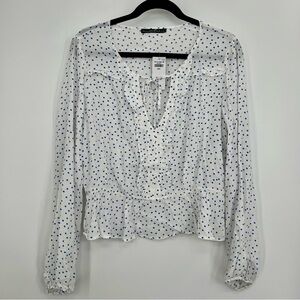 NWT Abercrombie & Fitch Blouse Polka Dot White Blue Tie Neck Peplum Top Shirt L